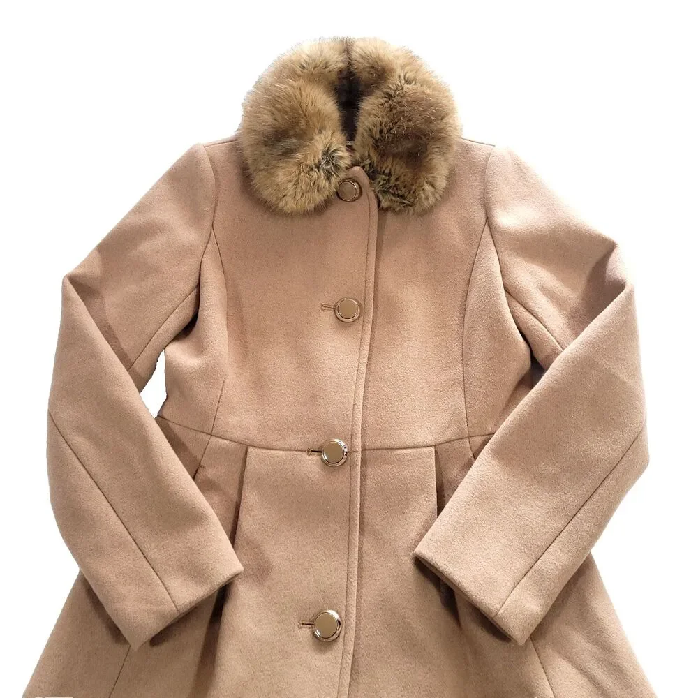 Faux Fur Wool Pea coat Kate Spade‎ XS Tan Pink Satin Lined Preppy mod chic
